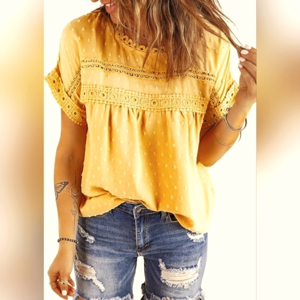 NWOT | Dokotoo | Women's Crewneck Lace Crochet Short Sleeve Chiffon Blouse | M